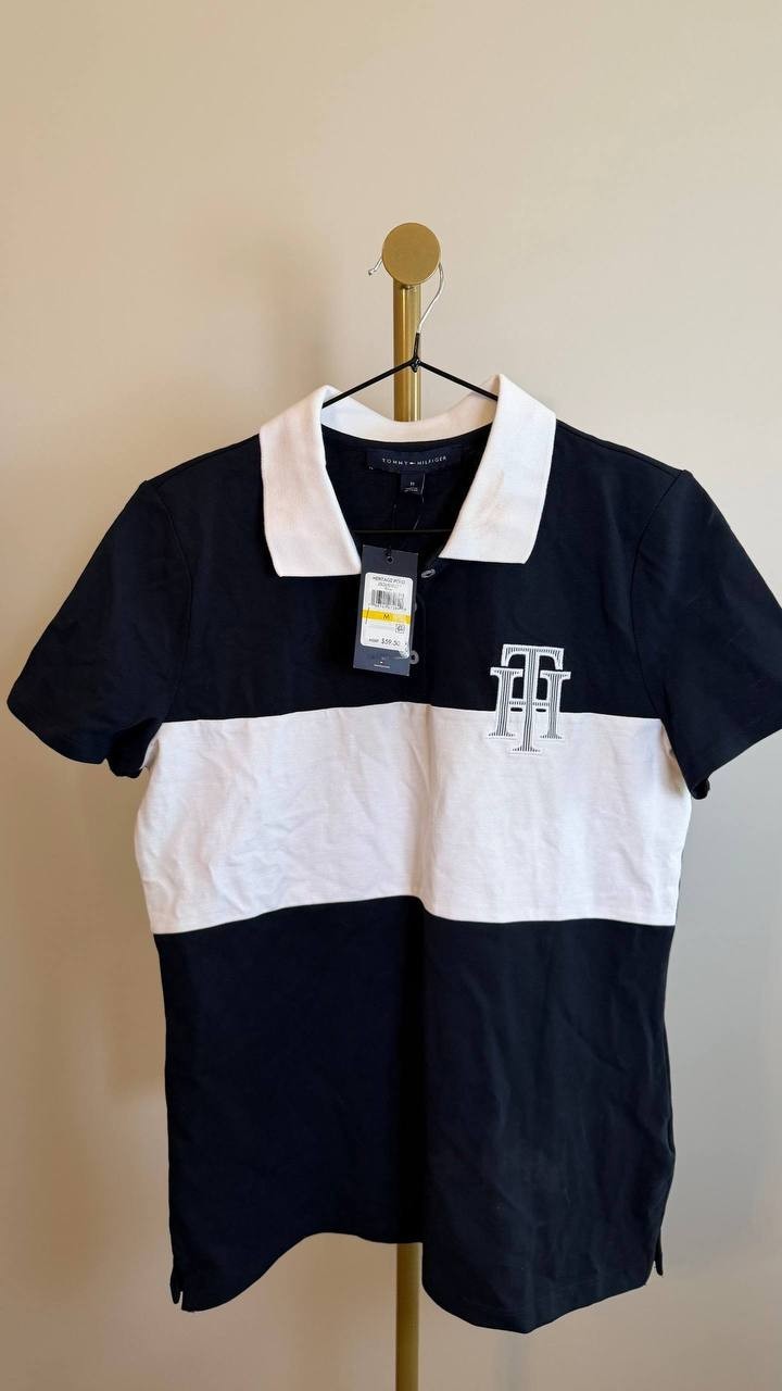 Tommy Hilfiger Monogram TH Logo Polo Stretch Top Black White SizeM NWT need wash