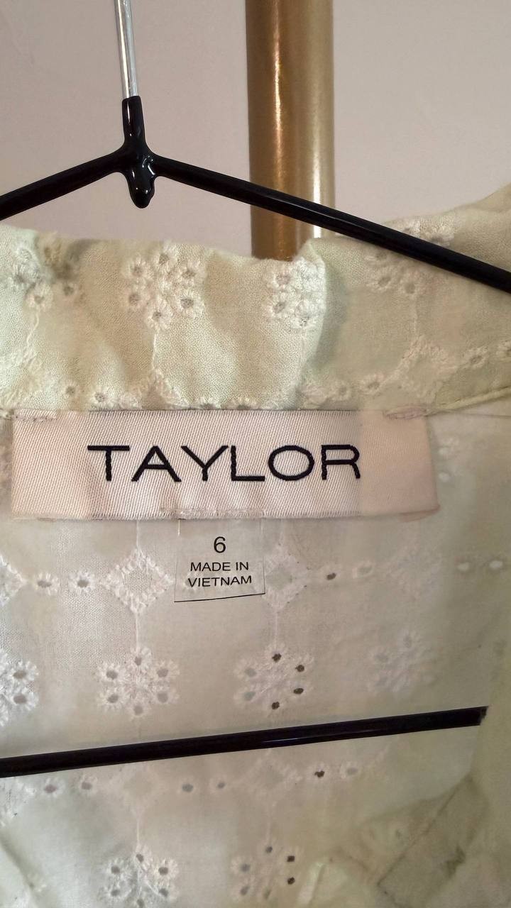 Taylor Women’s Eyelet Embroidered Belted Cotton Shirtdress White 6 $144 NWT