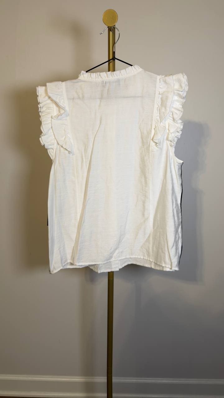 KARL LAGERFELD PARIS Ruffled-Sleeve Button-Front Blouse White Size L 2663