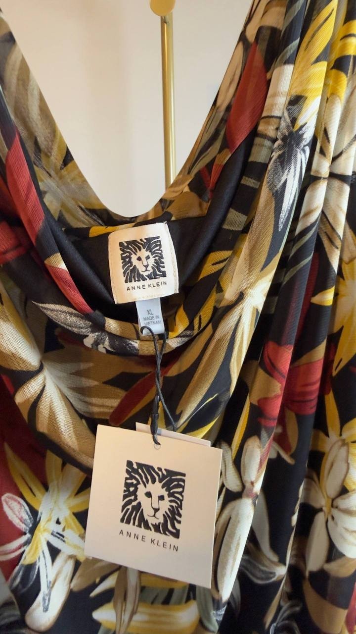 Anne Klein Printed Ruched Draped‑Neck Mesh Top Floral XL NWT $69