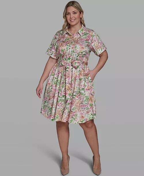 Karl Lagerfeld Paris Plus Printed Collared Dress White/Pink 16W NWT $169