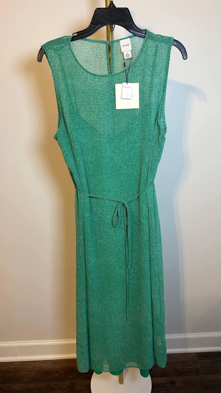 Calvin Klein Sleeveless Printed Chiffon Midi Dress Green XL NWT $149