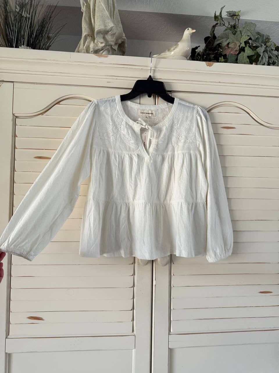 Lucky Brand Top S Whisper White Tiered Babydoll Textured Blouse NWT MSRP $79