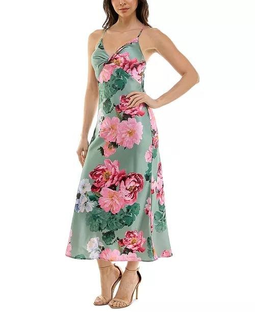 Katia Rae Juniors Floral Satin Twist‑Front Cutout Dress Multicolor M $69 NWT