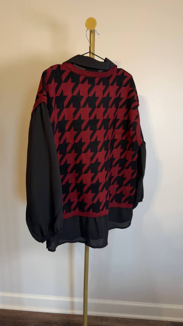 Belldini Houndstooth Two‑Fer Sweater Black/Red Plus 1X NWT $64
