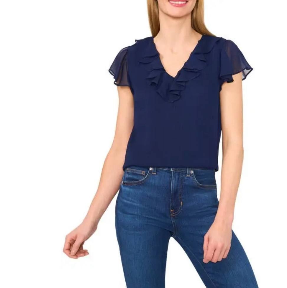 CeCe Dupraz Ruffle Trim Yoryu Top Classic Navy Size S NWT $69 – Chic Blouse