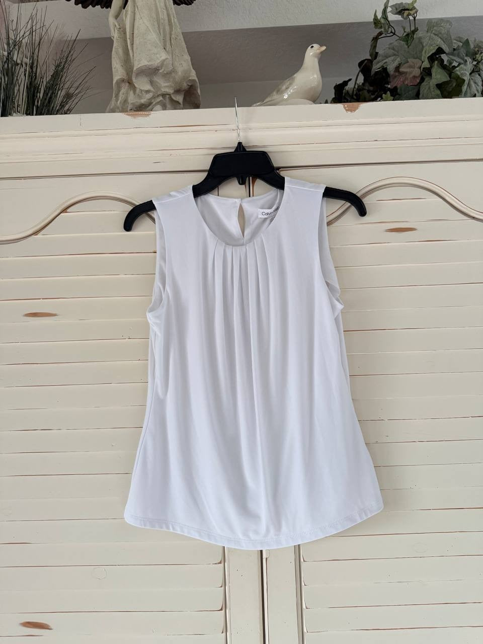 Calvin Klein Knit Tank Top 4 White Pleated Crewneck Career NWT