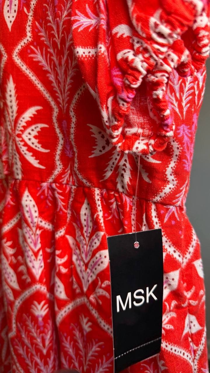 MSK Printed Tie‑Neck Short‑Sleeve Fit & Flare Dress Red XS NWT $89