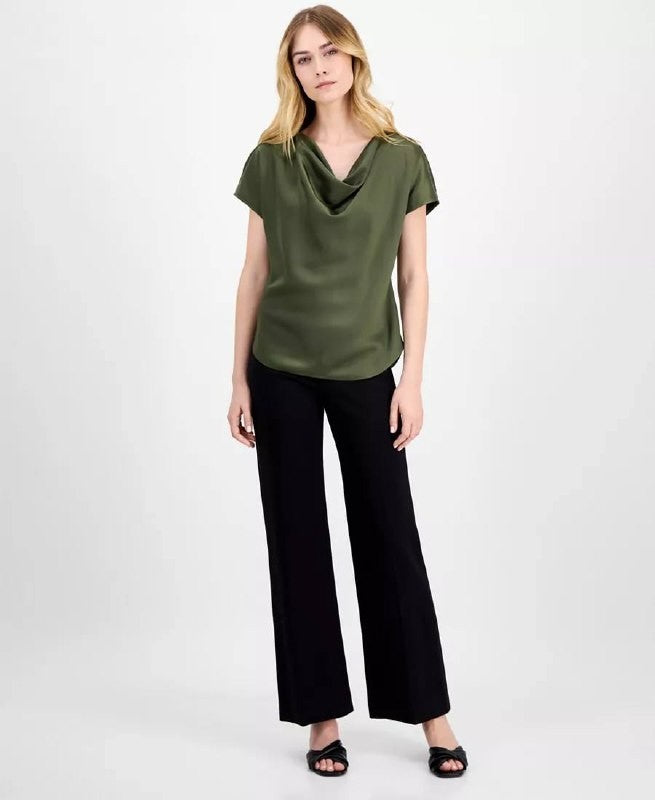 Anne Klein Solid Cowlneck Short‑Sleeve Blouse – Olive – Size L – NWT – $69