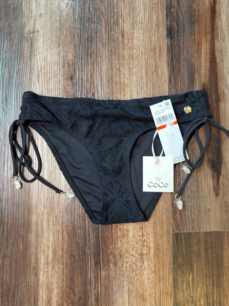CeCe Solid Textured Tie Side Mid Rise Swim Bottoms Black XS NWT $54