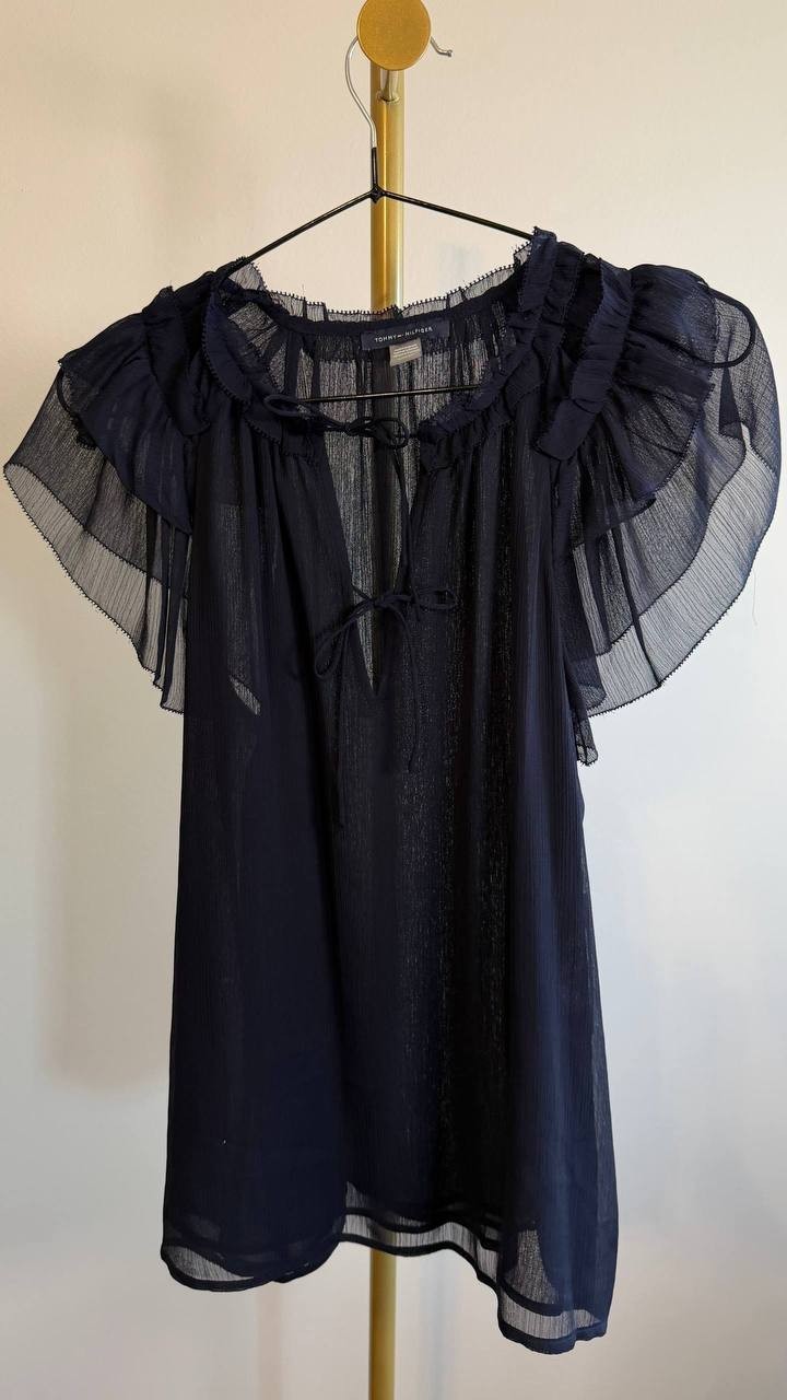 Tommy Hilfiger Split‑Neck Flutter‑Sleeve Blouse Midnight S $79 NWT