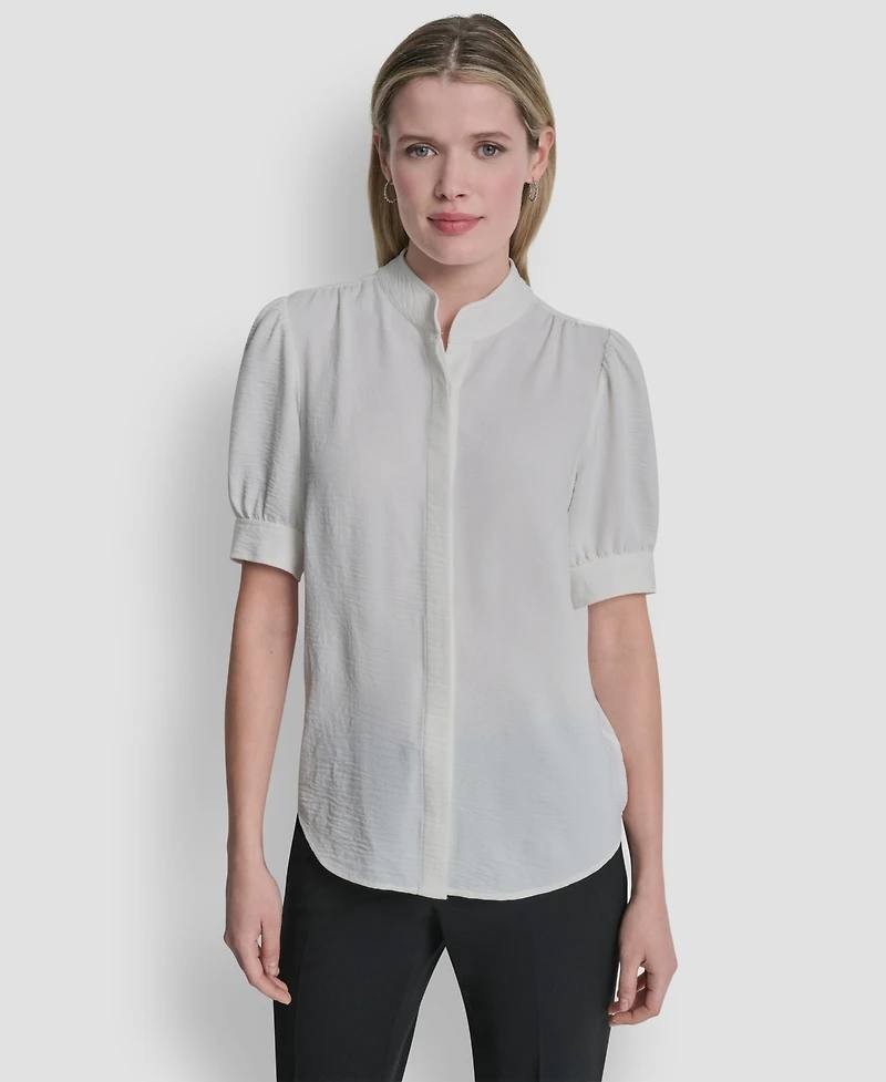DKNY Bell-Sleeve Mandarin Collar Textured Blouse Ivory XL NWT $59