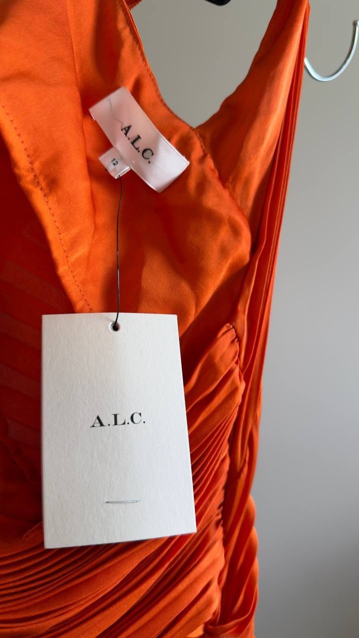 A.L.C. Lara Asymmetric Pleated One‑Shoulder Dress Persimmon 12 NWT $695