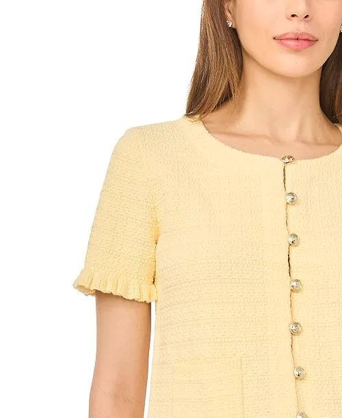 CeCe Crewneck Short‑Sleeve Cardigan Lemon Drop M NWT $79