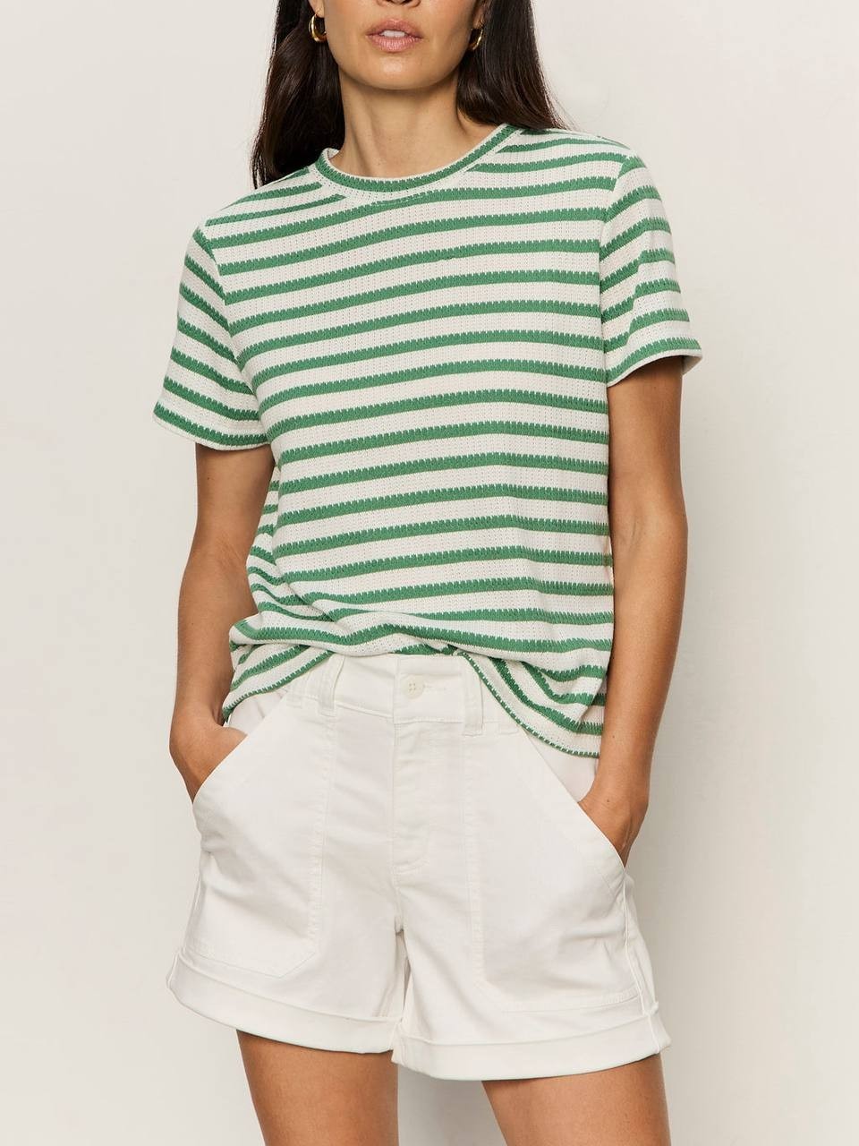 Sanctuary Perfect Texture Tee Chalk/Green Juice Stripe S NWT $59
