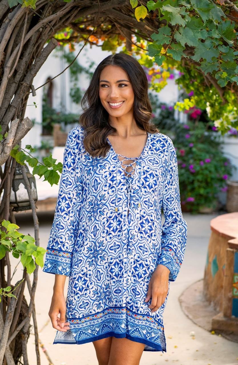 La Blanca Alboran Sea Lace-Up V-Neck Tunic Cover Up Blue Multi XL NWT $113