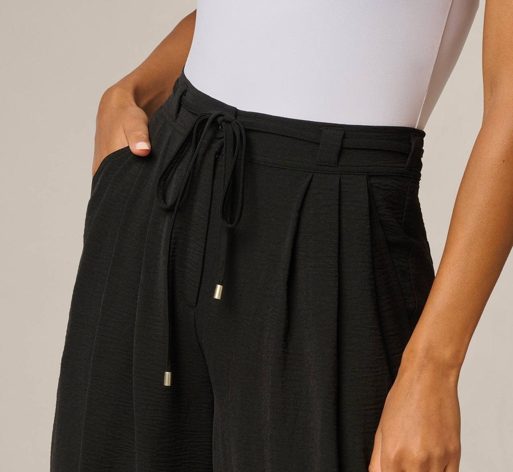 Adrianna Papell Tie Belt Airflow Pleated Wide‑Leg Pants Black L NWT $50