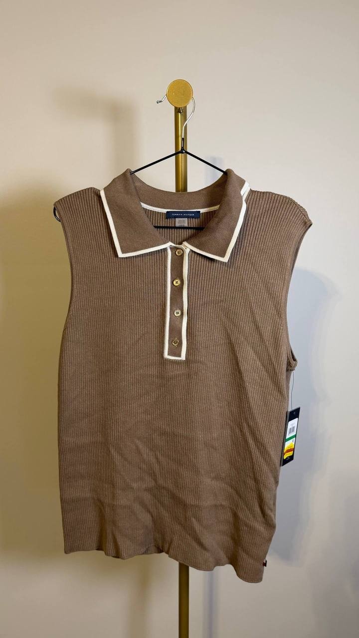 Tommy Hilfiger Contrast‑Tipped Sleeveless Polo Top Brown L $59 NWT