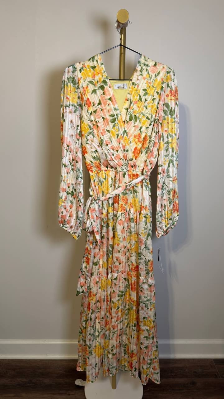 Signature by Robbie Bee Pleated Tiered Midi Dress Yellow Coral 8 NWT $79