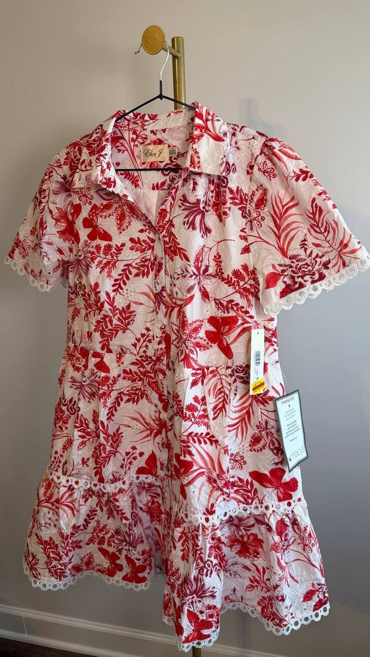 Eliza J Women’s Printed Button Front Cotton Dress Red White 10 $158 NWT