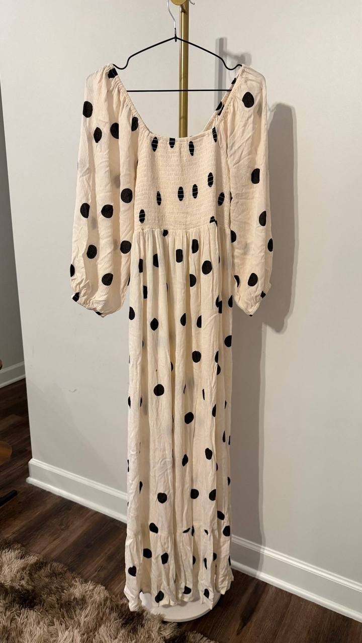 Seraphine Maternity Midi Dress Shirred Viscose Polka Dot 4 NWT MSRP $125