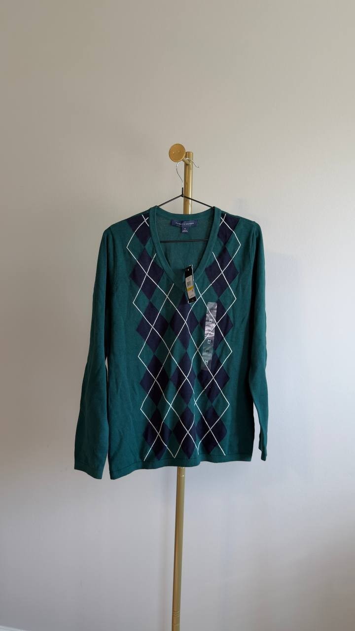 Tommy Hilfiger Cotton Argyle Ivy Sweater Forest Multi M NWT $69.50