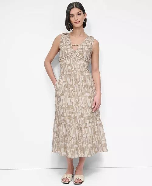 DKNY City Burnout Beaded‑Trim V‑Neck Dress Beige M NWT $139
