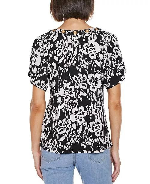 Belldini Women’s Grommet Detail Floral Knit Top Black Combo M NWT $49