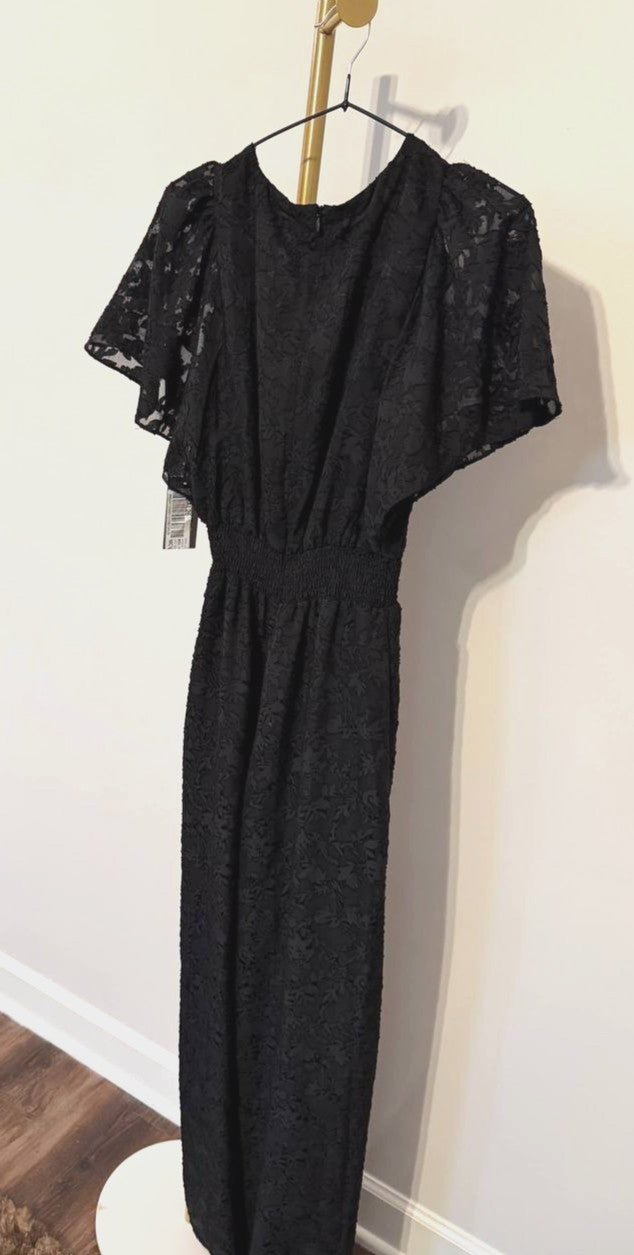 Vince Camuto Jacquard Smocked‑Waist Jumpsuit Black SizeXS NWT Elegant msrp$129
