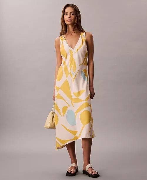Calvin Klein Printed V-Neck Midi Dress – Yellow Print, Size L