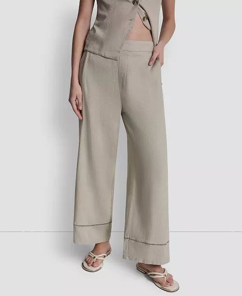 DKNY Jeans Linen‑Blend High‑Rise Pull‑On Wide‑Leg Pants Pebble PXL NWT $89