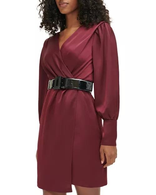 Karl Lagerfeld Paris Belted Satin Crepe Dress Burgundy Size 2 NWT $158