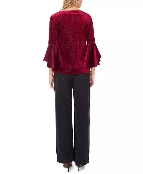Sam & Jess Women’s Velvet Crewneck Bell 3/4‑Sleeve Blouse Maroon S NWT $59