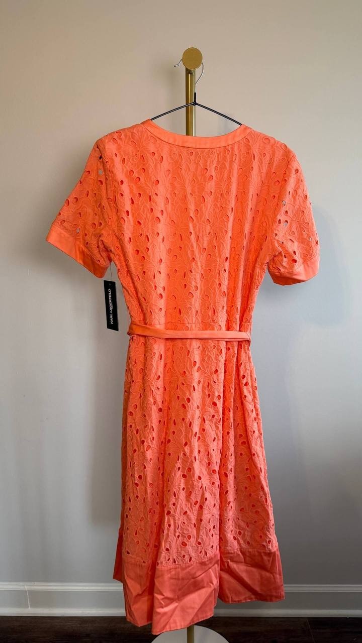 Karl Lagerfeld Paris Petite Eyelet Button‑Front Dress Terracotta 8P NWT $199