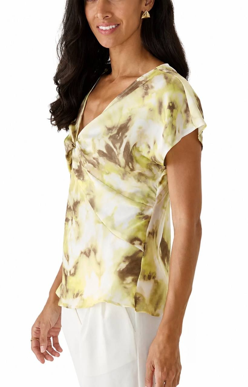 DKNY Twist‑Front Tie‑Dye Dolman‑Sleeve Blouse L Sage/Lime NWT $74