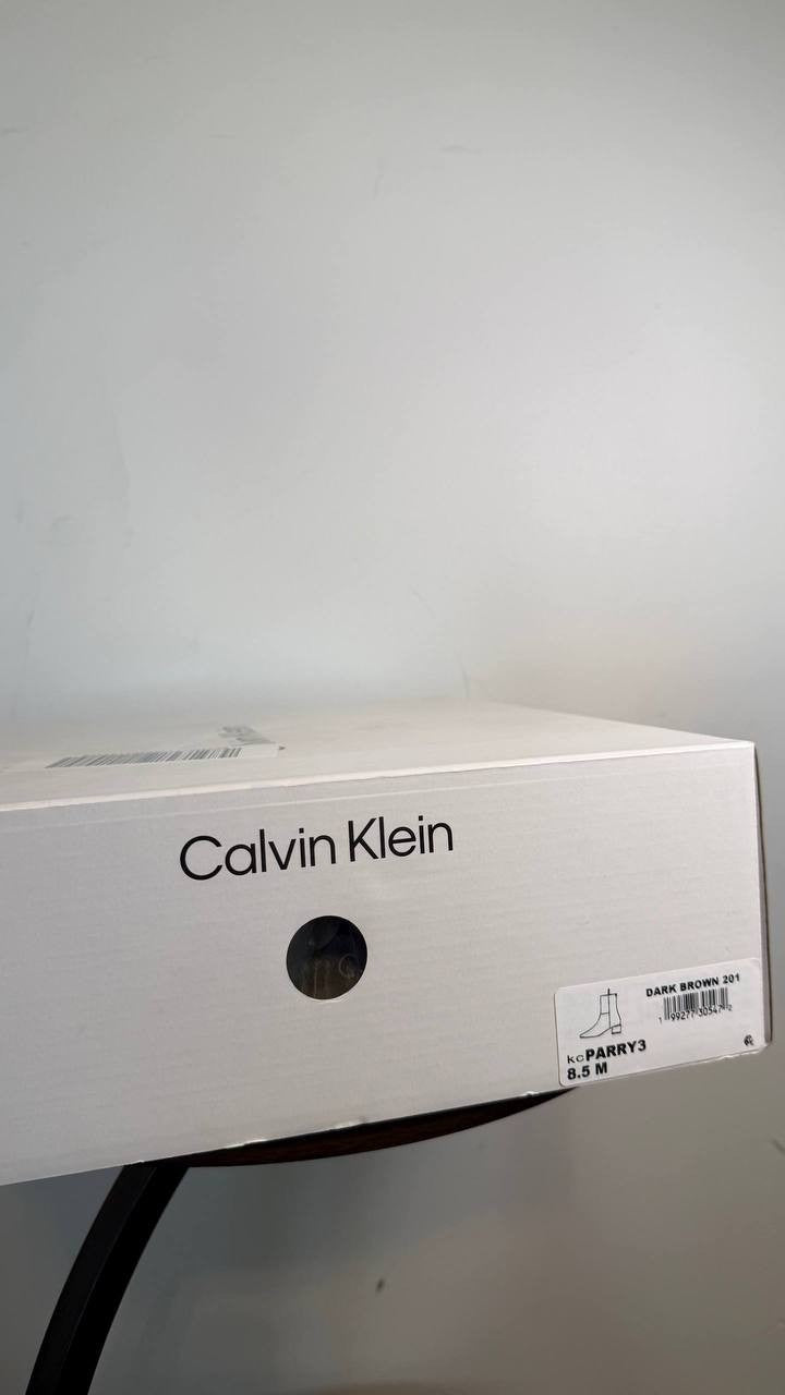 Calvin Klein Parry Block Heel Ankle Booties Dark Brown 8.5M Man‑Made $129 NWB