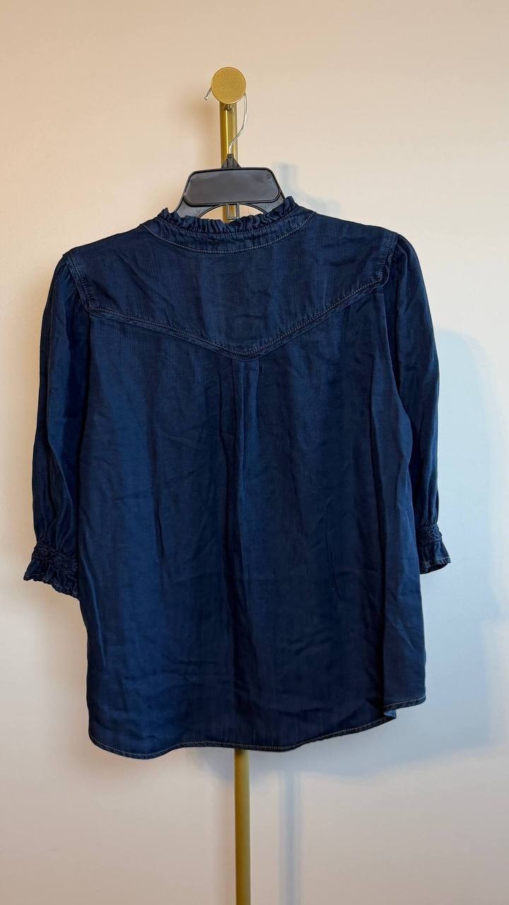 Democracy Crochet Trim Ruffle Button‑Front Shirt Navy M NWT $84