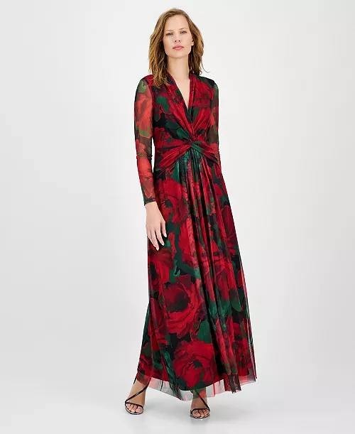 Anne Klein Rose‑Print Twist‑Front Maxi Dress Titian Red Multi 8 NWT $149