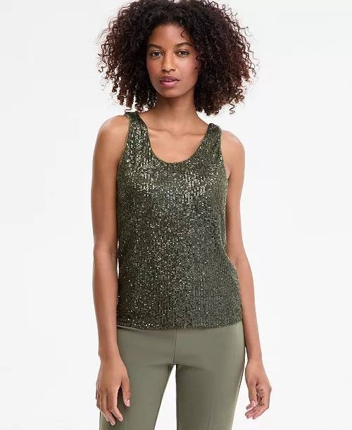 Anne Klein Sequin Double-Scoop Sleeveless Tank Olive Palm L NWT $69