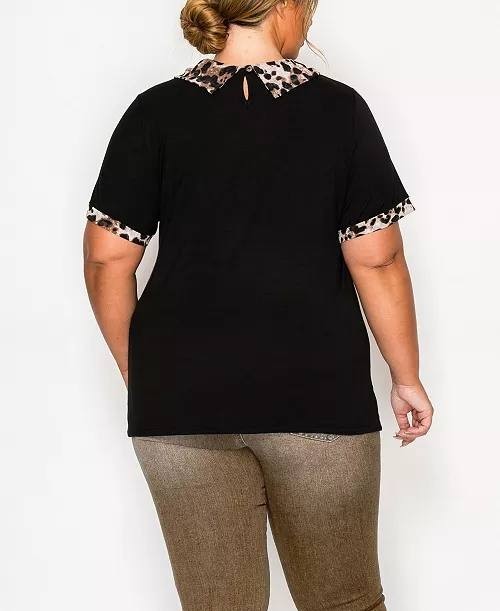 Coin 1804 Women’s Leopard Trim Mesh Collar Top Black 3X $34 NWT