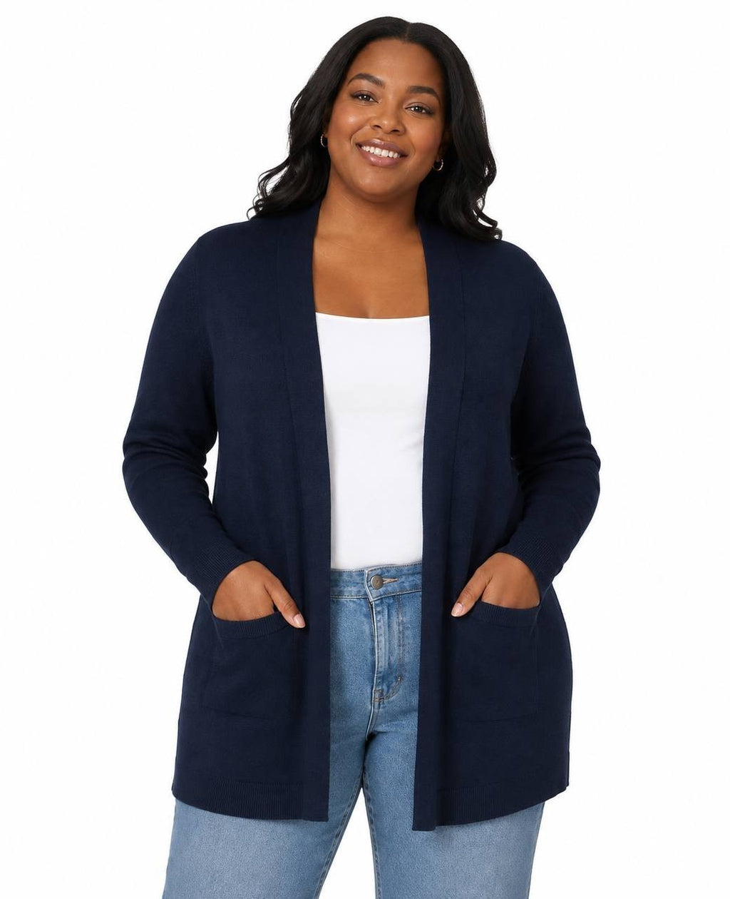 Melissa Paige Plus Size Ribbed‑Trim High‑Low Cardigan Sweater Navy 1X NWT $54.50