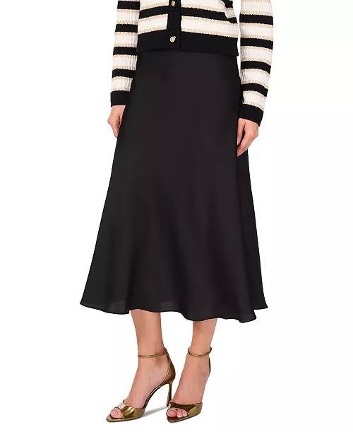 CeCe Skirt L Black Satin A-Line Midi Side Zip Snag Flawed Hem Feminine NWT