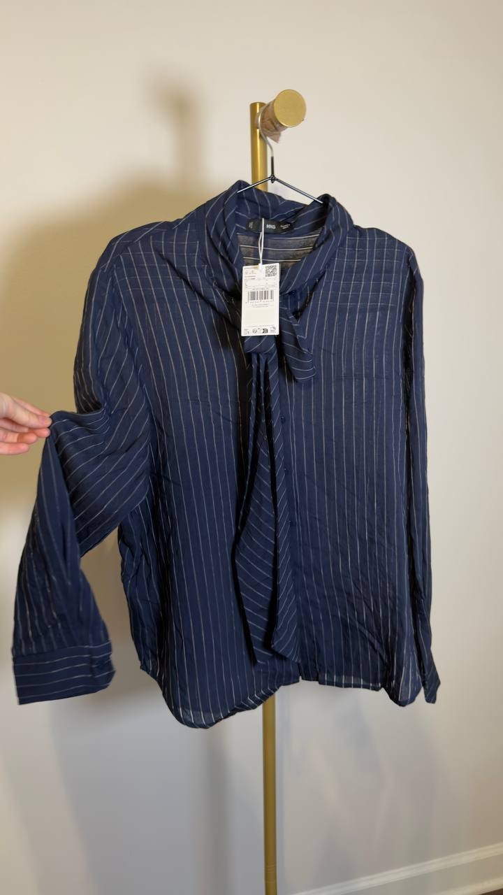 Mango Tie Neck Striped Button Blouse Navy 8 NWT $70
