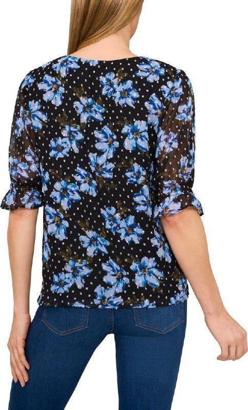 CeCe Print Ruffle‑Cuff Top – Blue Floral – Size S – NWT – $59