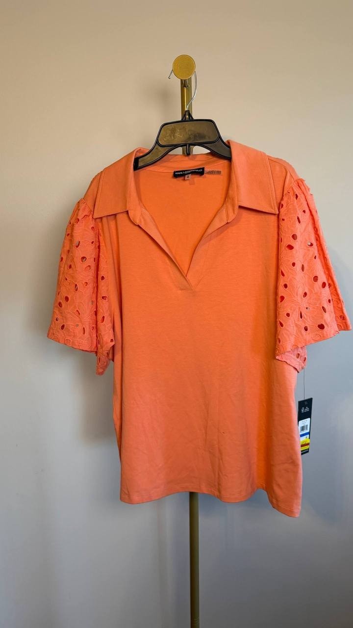Karl Lagerfeld Paris Eyelet‑Sleeve Collared Top Coral XL NWT $89