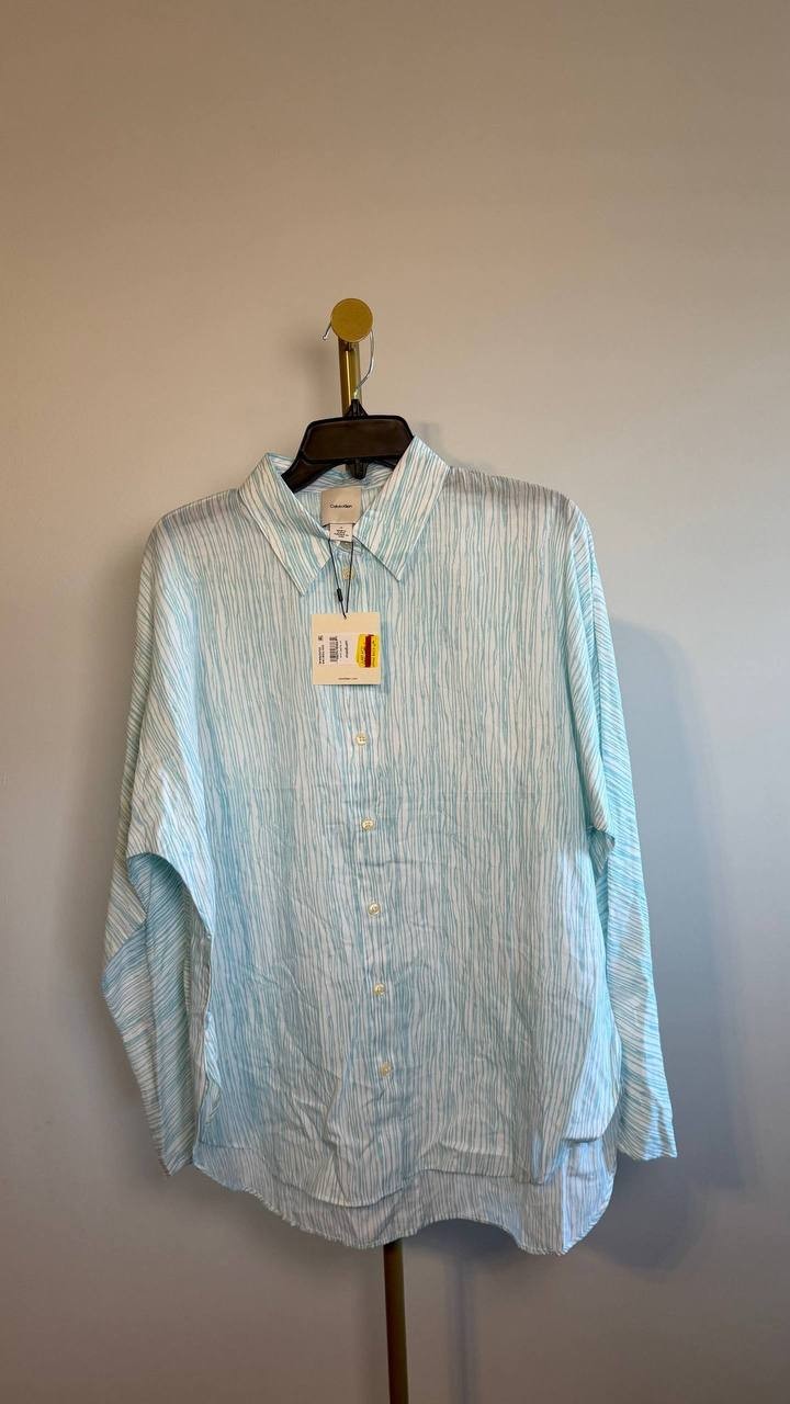 Calvin Klein Long Sleeve Striped Button‑Down Shirt White Print M NWT $109