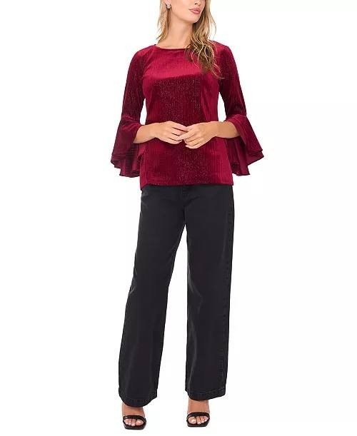 Sam & Jess Women’s Velvet Crewneck Bell 3/4‑Sleeve Blouse Maroon S NWT $59