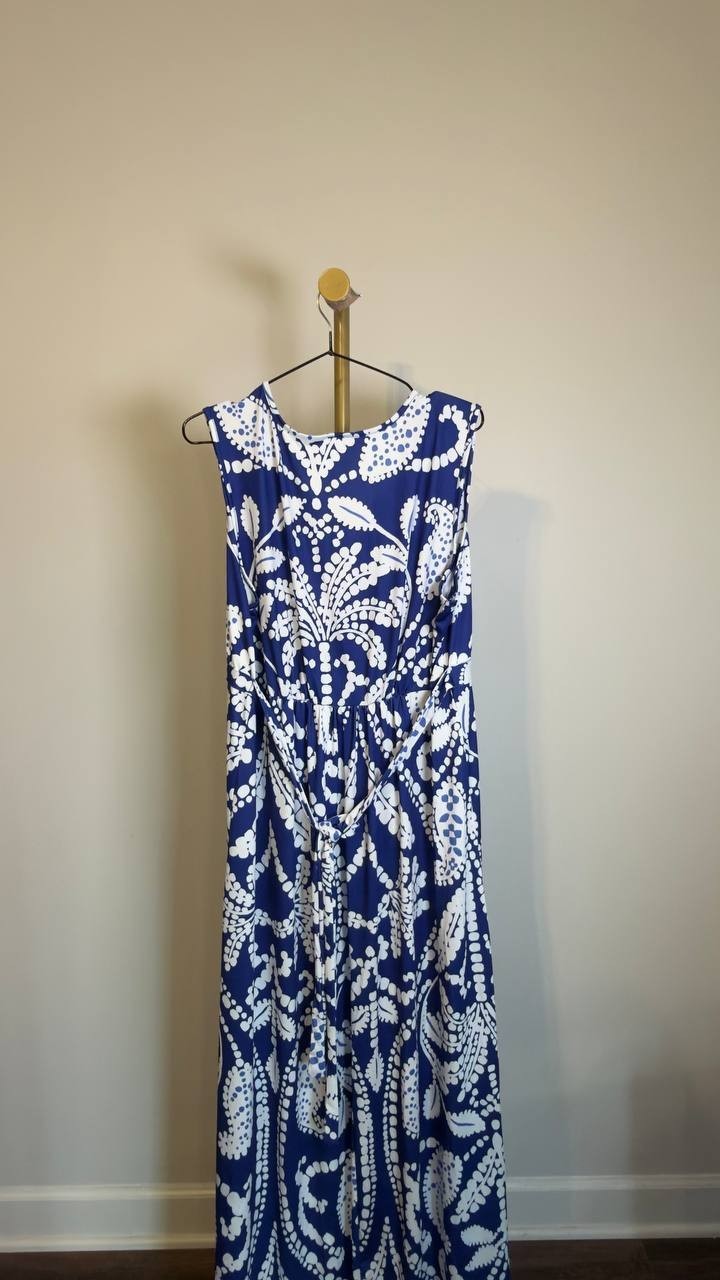 24Seven Comfort Apparel Sleeveless Empire Maxi Dress White/Navy 1X NWT $53