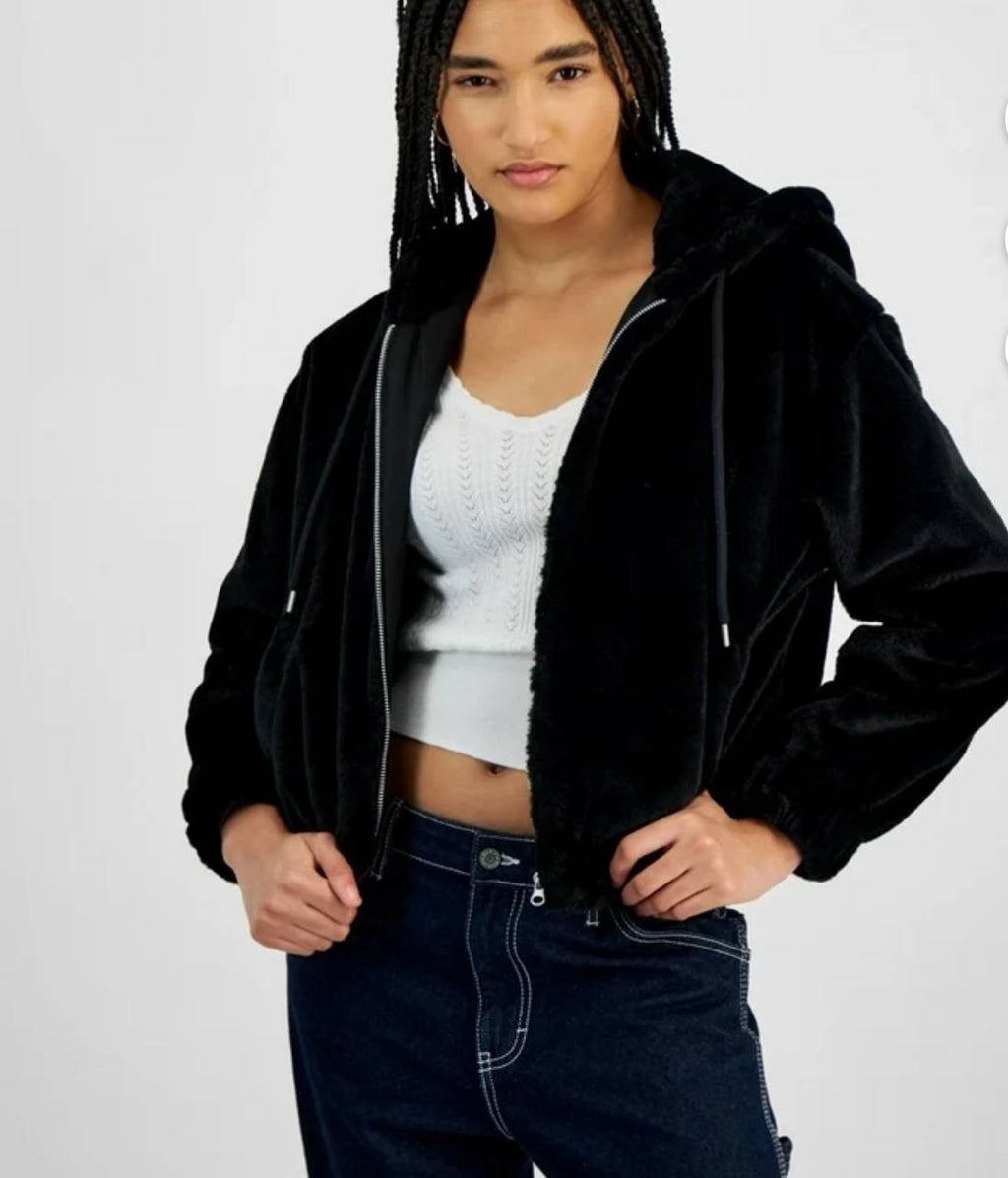 Planet Heart Women’s Cozy Faux Fur Hoodie Jacket, Zip Front, Fleece, Sizes