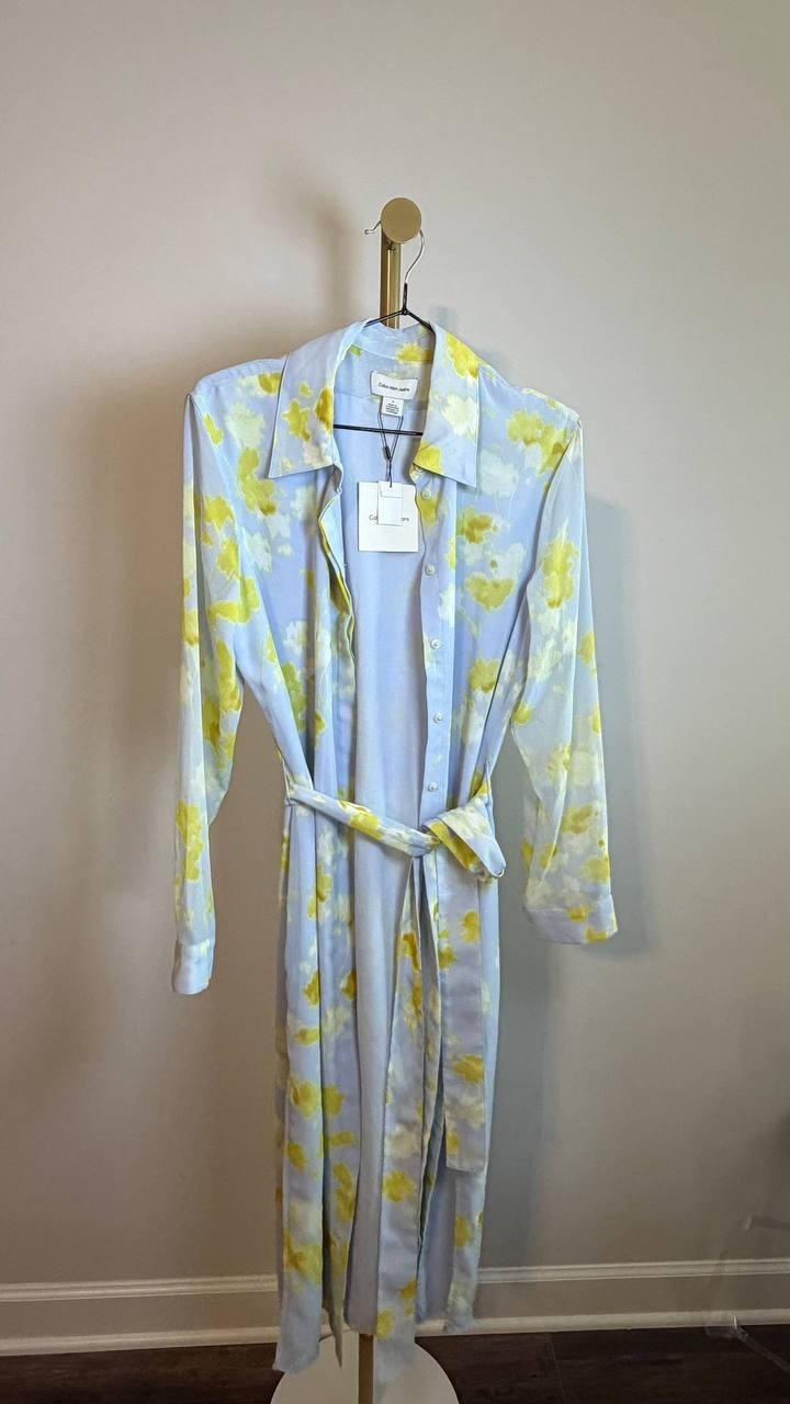 Calvin Klein Jeans Women’s Printed Chiffon Belted Shirtdress Blue M NWT $149